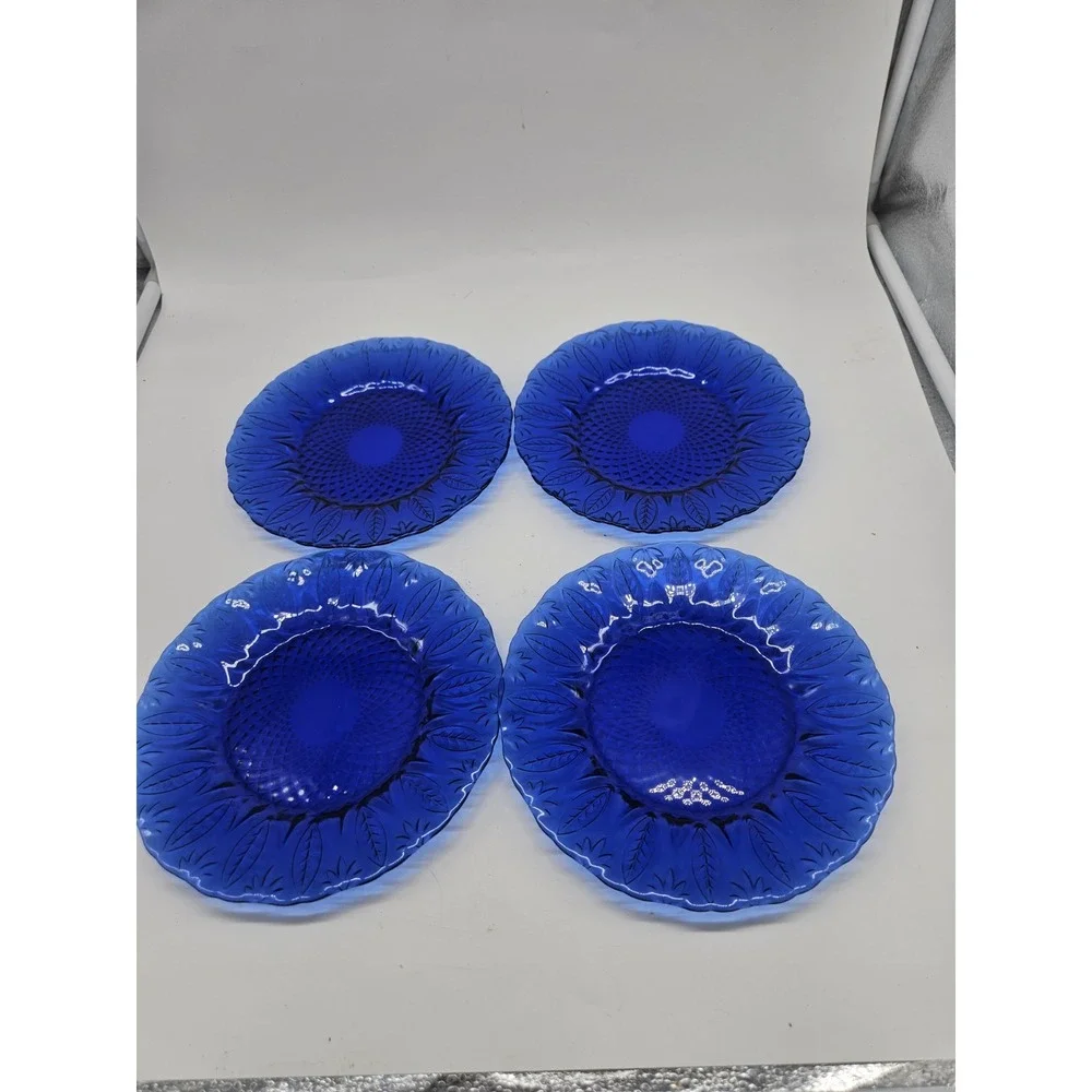 Avon Royal Sapphire Salad /Dessert Plates Set of 4 Cobalt Blue Leaf Pattern